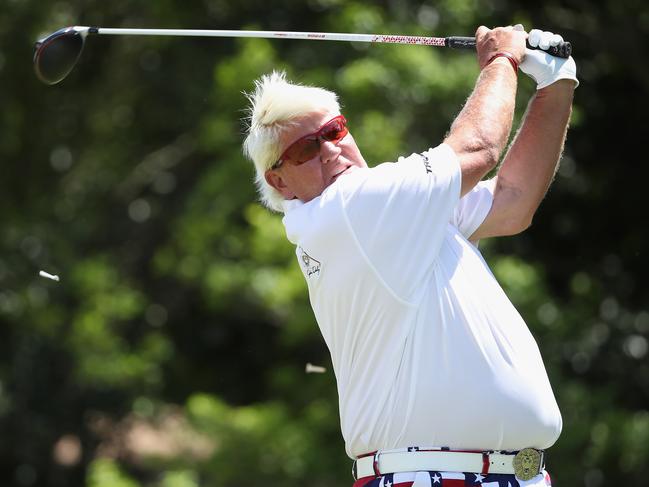 THE WOODLANDS, TEXAS - MAY 04: John Daly plays a tee shot on the 10th hole during round two of the Insperity Invitational at The Woodlands Country Club on May 04, 2019 in The Woodlands, Texas.   Christian Petersen/Getty Images/AFP == FOR NEWSPAPERS, INTERNET, TELCOS & TELEVISION USE ONLY ==