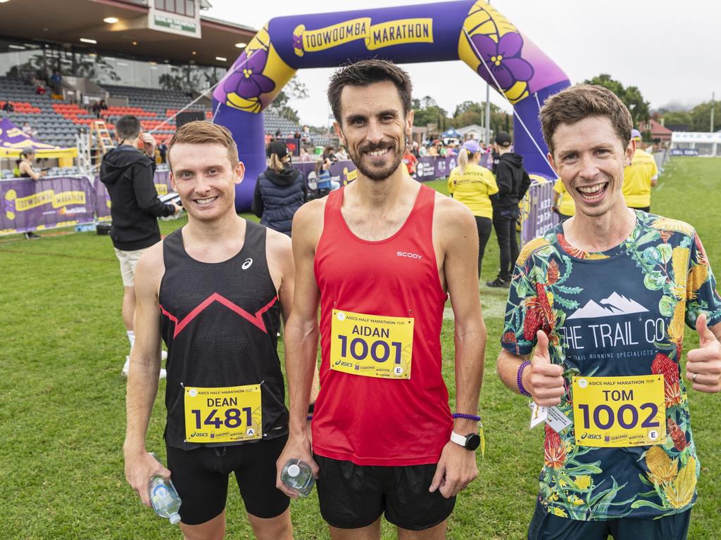 Male placegetters of the half marathon (from left) Dean Edmonds (2nd), Aidan Hobbs (1st) and Tom Anderson (3rd) at the Toowoomba Marathon event, Sunday, May 5, 2024. Picture: Kevin Farmer