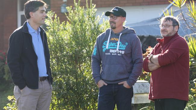 Neighbours Gus Medeiros, Deke Rayner-Harvey and Dennis rushed to the aid of their elderly neighbours as the home burned down. Picture John Grainger