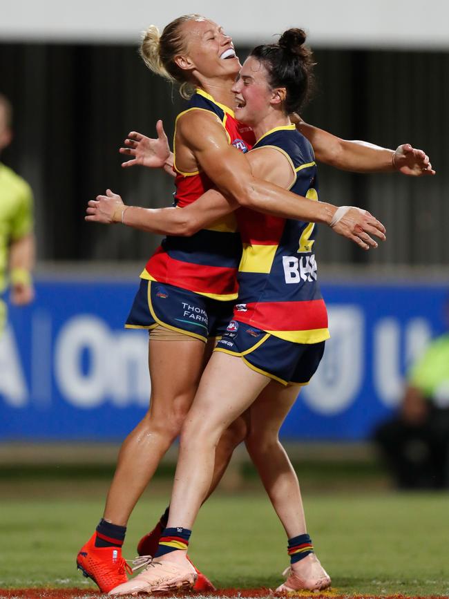 Erin Phillips (left) and Eloise Jones of the Crows celebrate during their 2019 AFLW Round 4 win over the Fremantle Dockers at TIO Stadium in Darwin. Picture MICHAEL WILLSON/AFL MEDIA