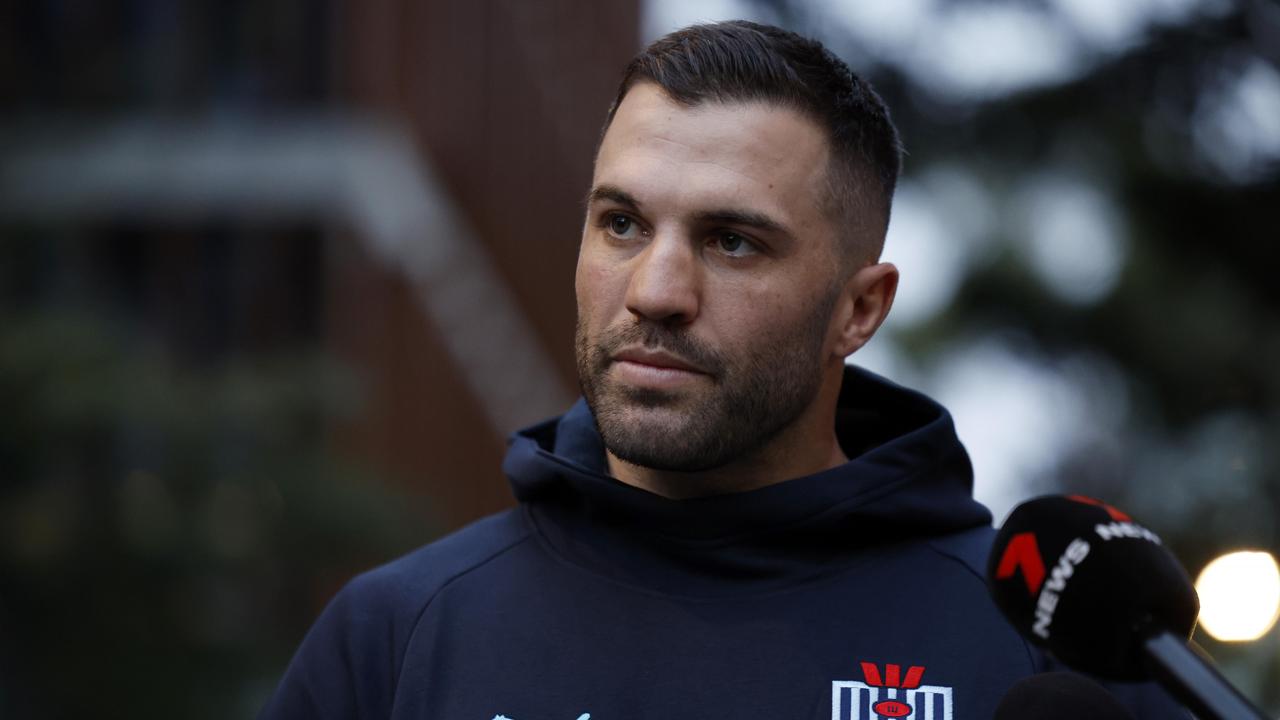 DAILY TELEGRAPH JUNE 2, 2024. Recalled Blues fullback James Tedesco arriving a press conference at Sydney Olympic Park. Picture: Jonathan Ng