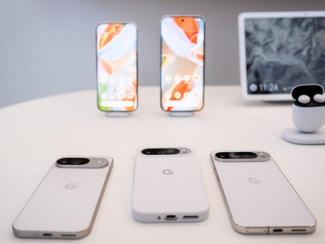 (L-R, front) The New Pixel 9, 9 Pro and 9 Pro XL phones are displayed during the Made By Google at Google's Bay View campus in Mountain View, California on August 13, 2024. Google announced new Pixel phones, watches and AI technology. (Photo by Josh Edelson / AFP)