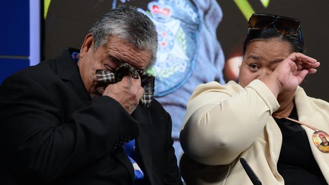 Ikenasio Tuivasa’s father and sister get emotional at a press conference at Victoria Police headquarters. Picture: Andrew Henshaw