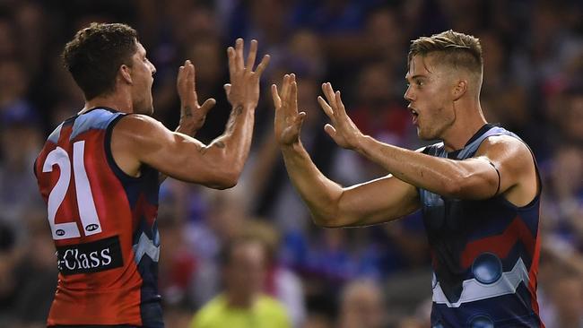 Tom Liberatore and Josh Schache celebrate a goal during the Western Bulldogs win over Sydney. Picture: Julian Smith. 