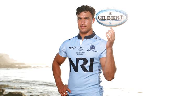 SYDNEY, AUSTRALIA - FEBRUARY 05:  Joseph-Aukuso Suaalii of the Waratahs poses during the 2025 Super Rugby Season Launch at Little Bay Beach on February 05, 2025 in Sydney, Australia. (Photo by Matt King/Getty Images)