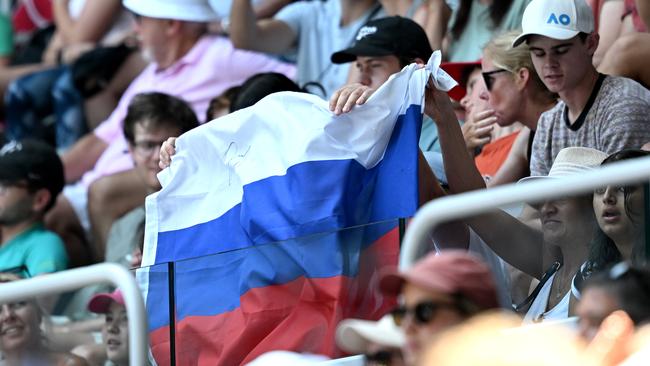 A Russian flag displayed earlier in the tournament before it was banned.