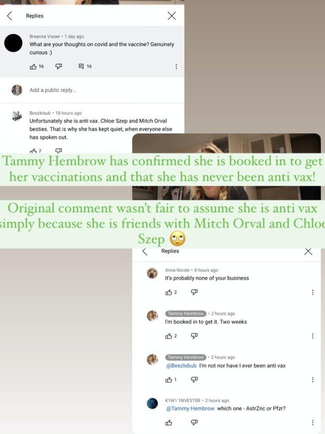 A screenshot of the exchange between Tammy Hembrow and a follower. Picture: Aussie Influence Opinions.