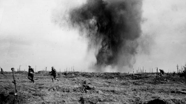 AIF soldiers run over No Man’s Land in France during WWI in 1916. Picture: Australian War Memorial