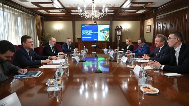 Fortescue chairman Andrew Forrest, second from right, meets Russian Deputy Prime Minister Alexander Novak, second from left, in June 2021.