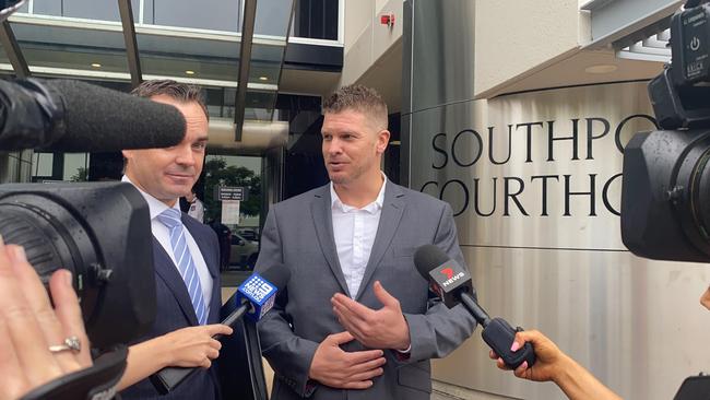 Gale speaks to police outside court in Southport. Picture: Lea Emery.