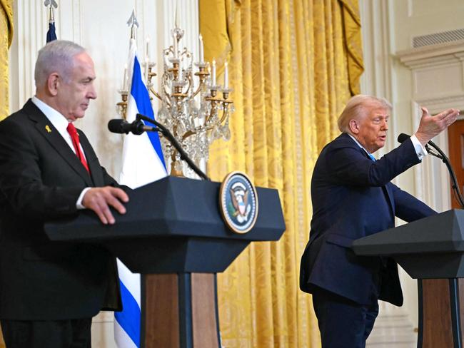 Donald Trump and Israel's Prime Minister Benjamin Netanyahu hold a press in the White House. Picture: AFP