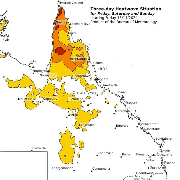 Heatwave map for Saturday, Sunday and Monday. Photo: BOM.