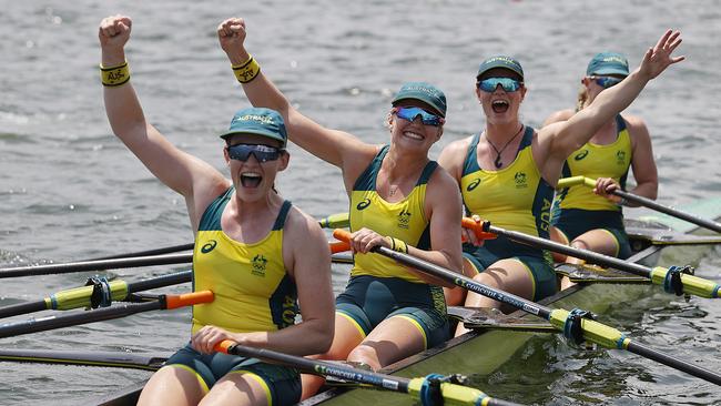 Rowing Finals at the Sea Forest Waterway in Tokyo, Japan. Australias Ria Thompson, Rowena Merecith, Harriet Hudson and Caitlin Cronin score Bronze in the Womens Quadruple Sculls. Picture: Alex Coppel.