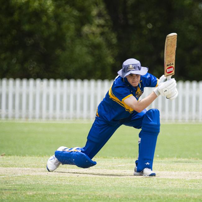 Charlie Lachmund bats for Toowoomba Grammar School (TGS) against Brisbane Boys College (BBC) in round 1 GPS Competition 1st cricket at Mills Oval, TGS, Saturday, February 1, 2025. Picture: Kevin Farmer