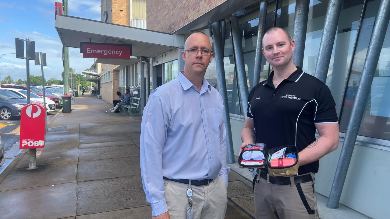 Dr David Micheal (left) and Jonas Murphy are encouraging people to include a snake bite kit in their first aid kits. Image credit: WBHHS.