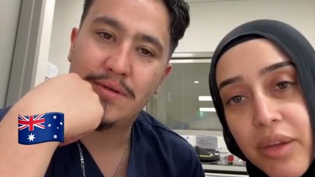 Rashad Nadir and Sarah Abu Lebdeh, wearing their NSW Health uniforms, were filmed declaring they would refuse to treat Israeli people and would "kill them" if they present to their ward. Picture: NewsWire Handout