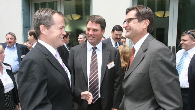 Deputy Prime Minister Richard Marles, centre, with fellow members of Kevin Rudd’s 2007 class Bill Shorten, left, and Greg Combet, both who have quit politics. Picture: Gary Ramage