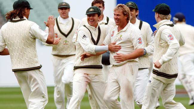 Shane Warne celebrates a wicket after an Andrew Symonds catch. Picture: AAP Images