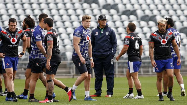 Coach Stephen Kearney, centre, watches players during a training session at Central Coast Stadium last month. Picture: AAP