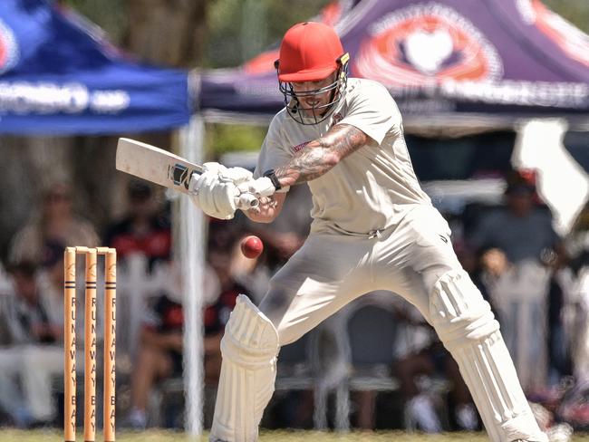 27 March 2022: Claye Beams in action on day 2 of the Cricket Gold Coast Kookaburra Cup Grand Final.