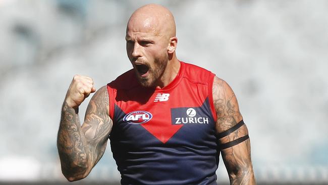 Nathan Jones of the Demons celebrates a goal during the Round 1 AFL match between the Melbourne Demons and the Port Adelaide Power at the MCG in Melbourne, Saturday, March 23, 2019. (AAP Image/Daniel Pockett) NO ARCHIVING, EDITORIAL USE ONLY