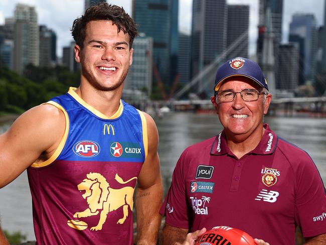 BRISBANE, AUSTRALIA - MARCH 07: Lions head coach Chris Fagan and Cam Rayner pose during a 2024 AFL Opening Round Media Opportunity at Kangaroo Point on March 07, 2024 in Brisbane, Australia. (Photo by Chris Hyde/Getty Images)