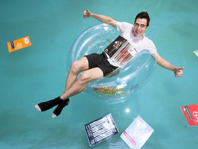 Jacob Lawrence makes a splash in his pool after finding out that he achieved four study scores above 40 on ATAR  which was released today. Picture: Tony Gough