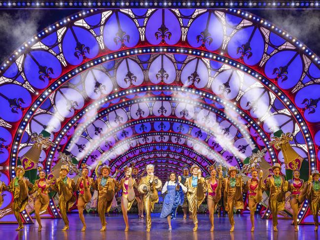 Gareth Jacobs, Hayley Martin, Shubshri Kandiah, Rohan Browne and the company of Disney's Beauty and The Beast the Musical performing Be Our Guest – choreographed by Matt West. Picture: Daniel Boud