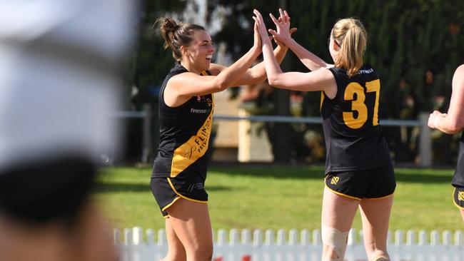 Glenelg's Brooke Tonon celebrating Ebony Marinoff's goal during a SANFLW game. Picture: Supplied, SANFL