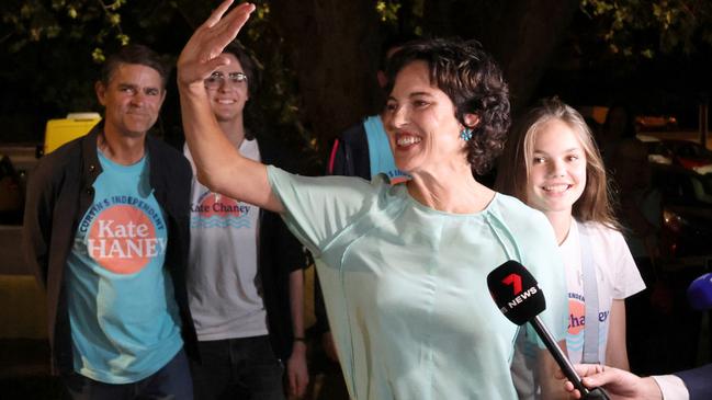 Teal independent Kate Chaney arrives at her post-election party at the University of Western Australia. Picture: Paul Garvey