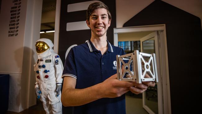 Entrepreneur Edward Robinson inside Stone & Chakk, with his CubeSat. Picture: Tom Huntley