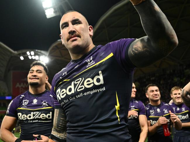 MELBOURNE, AUSTRALIA - SEPTEMBER 27: Nelson Asofa-Solomona of the Storm celebrates victory following during the NRL Preliminary Final match between the Melbourne Storm and Sydney Roosters at AAMI Park on September 27, 2024 in Melbourne, Australia. (Photo by Quinn Rooney/Getty Images)