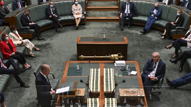 Labor leader Anthony Albanese delivers his budget reply speech on March 31, 2022 in Canberra. The Morrison government's fourth budget was published on Tuesday. Treasurer Josh Frydenberg has delivered a federal budget deficit of $79.8 billion in the wake of the coronavirus pandemic, with a number of tax cuts to be introduced to ease the rising cost of living. (Photo by Martin Ollman/Getty Images)