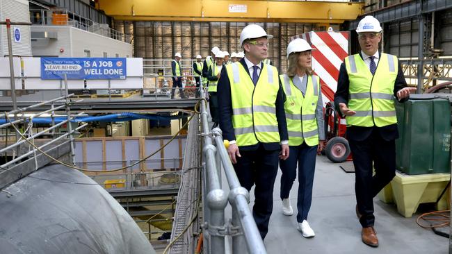 Grant Shapps, Secretary of State for Defence of the United Kingdom, Caroline Kennedy, United States Ambassador to Australia, and Deputy Prime Minister Richard Marles tour the submarine build facility at ASC in Adelaide. Picture: NCA NewsWire/Kelly Barnes