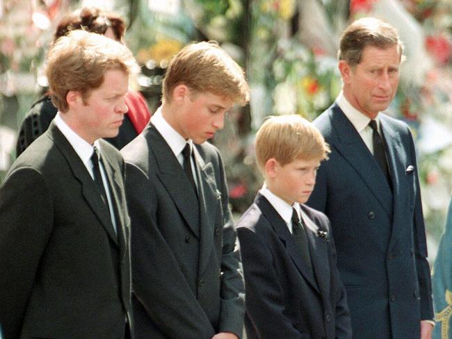 Prince Charles with his sons and Earl Spencer at the funeral of Princess Diana. Picture: Agencies