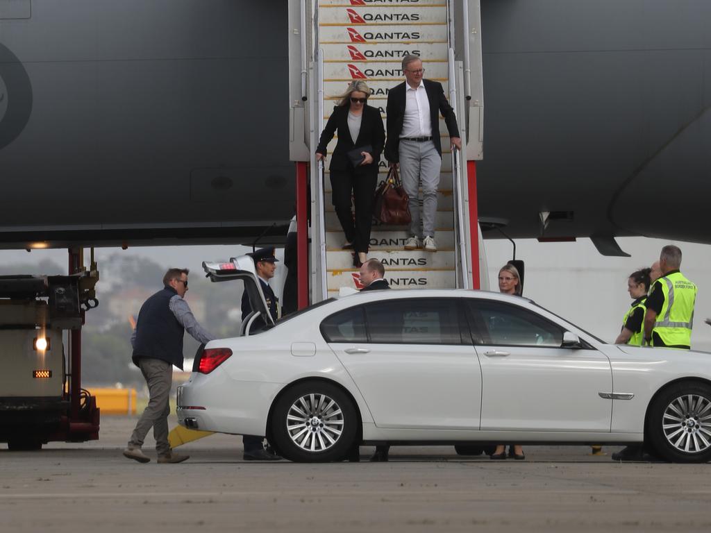 The new documents reveal that Toto was listed on the flight request at 5pm on September 8, 2022. Notes on the manifest state ‘PM’s dog – Toto – will be travelling.’ Pictured are Mr Albanese and his partner Jodie disembarking.