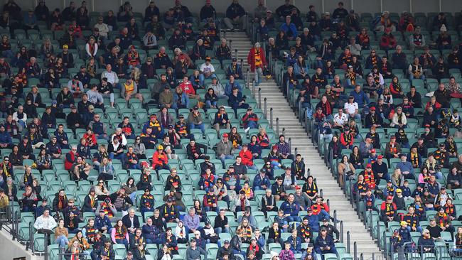 ADELAIDE, AUSTRALIA - JULY 26: Crowd in the Sir Edwin Smith stand during the round 8 AFL match between the Adelaide Crows and the Essendon Bombers at the Adelaide Oval on July 26, 2020 in Adelaide, Australia. (Photo by Mark Brake/Getty Images)