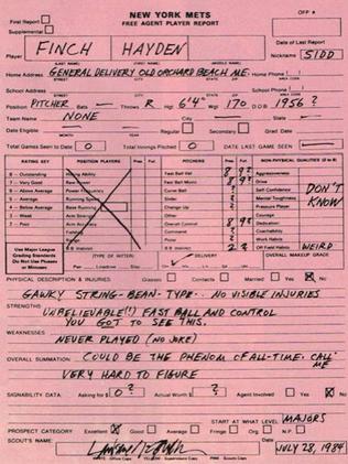 Elaborate ruse ... The New York Mets's scouting report on Sidd Finch published in Sports Illustrated on April 1, 1985. Picture: Museum of Hoaxes / Web Grab