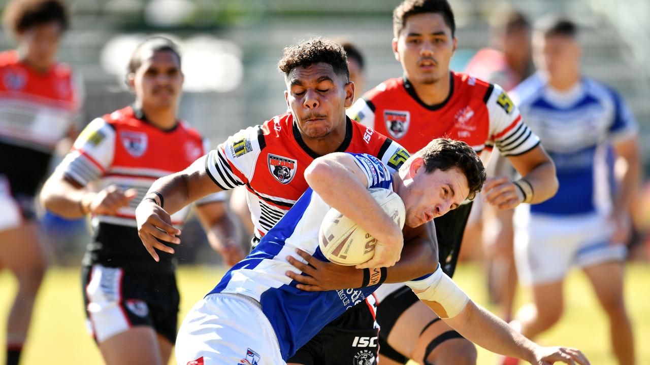 Aaron Payne Cup Final; Kirwan State High School Vs Ignatius Park College at Townsville JRL. Kirwan's Clay George and Iggy's Adam Mitchell. Picture: Alix Sweeney