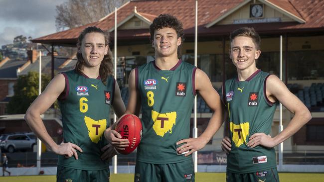 Tasmania Devils footballers Connor Ling, Blake Harper, and Liam Ling at North Hobart. Picture: Chris Kidd