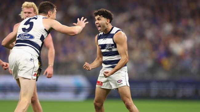 Geelong’s Tyson Stengle was close to best on ground in the opening term against the Eagles. Picture: Janelle St Pierre/AFL Photos via Getty Images.