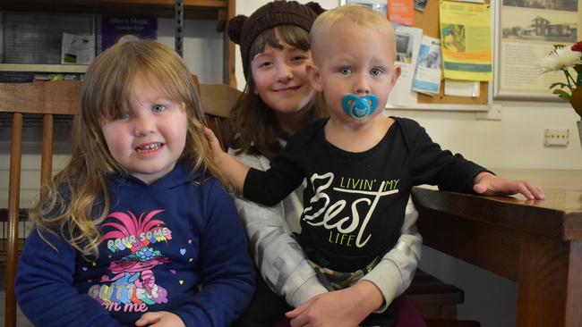 Mackay residents Olivia Mackey, 4, Mickaylah Black, 10, and Weston Mackey, 2, were at the store with their parents, making the pit stop many families do when they visit Eungella. Picture: Heidi Petith