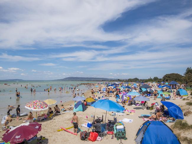 Rye Beach packed full of holiday-makers on the Mornington Peninsula. Picture: Jason Edwards