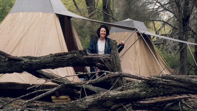 Joan Masterman at the now defunct Cooks Beach standing camp during the early days of the Freycinet Experience Walk.