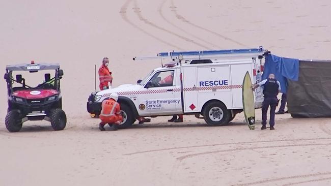 The scene at Emerald Beach where a surfer was fatally mauled by a shark. Picture: Frank Redward