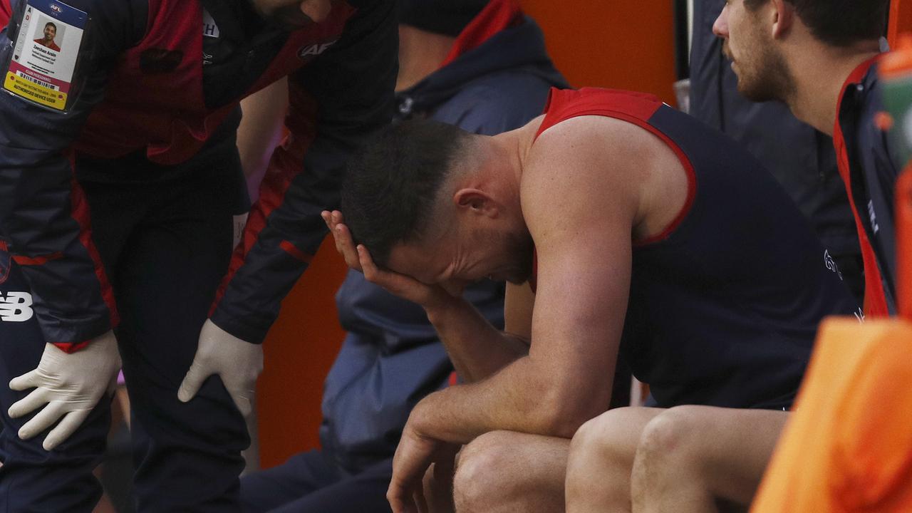Steven May after hurting his hamstring against Collingwood.