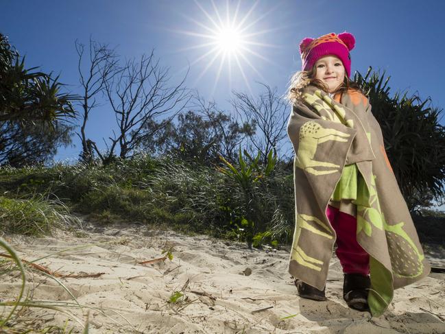 HOLD - CONTACT BRISBANE BEFORE USE -  2 year old Snow Bunny Nyah Mead from Peregian Beach is rugging up and warming up the Weet Bix, with the winter chill about to set in as temperatures plummet across South East Queensland. Photo Lachie Millard