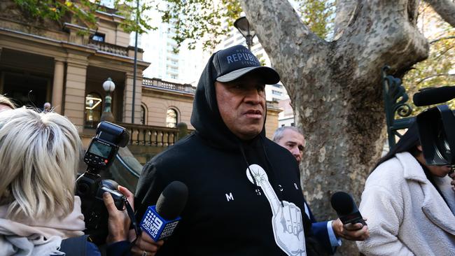 John Hopoate is seen leaving court with friends and family in support of his son Jamil Hopoate. Picture: NCA NewsWire / Gaye Gerard