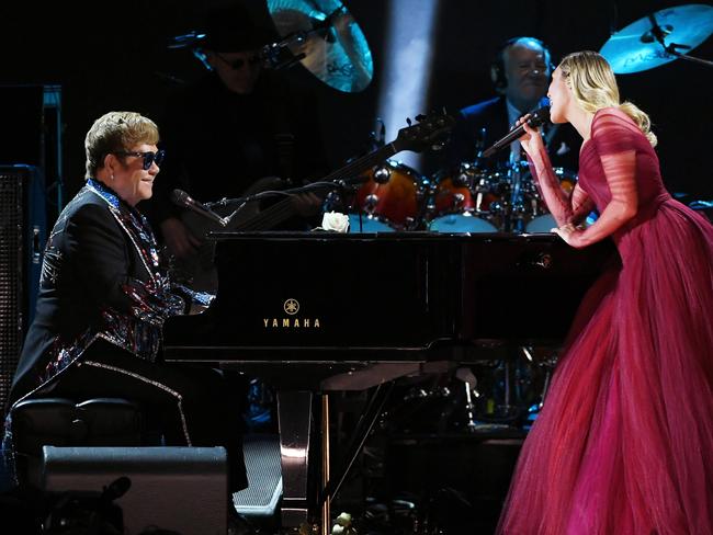 Recording artists Sir Elton John and Miley Cyrus perform onstage during the 60th Annual GRAMMY Awards. Picture: Getty