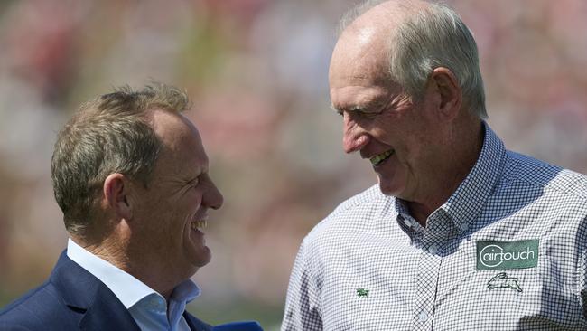 WOLLONGONG, AUSTRALIA - MARCH 15: Kevin Walters interviews Wayne Bennett, coach of the Rabbitohs during the round two NRL match between St George Illawarra Dragons and South Sydney Rabbitohs at WIN Stadium, on March 15, 2025, in Wollongong, Australia. (Photo by Brett Hemmings/Getty Images)